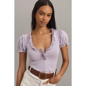 Maeve Anthropologie Puff Sleeve Lavender Ruffle Henley Tee